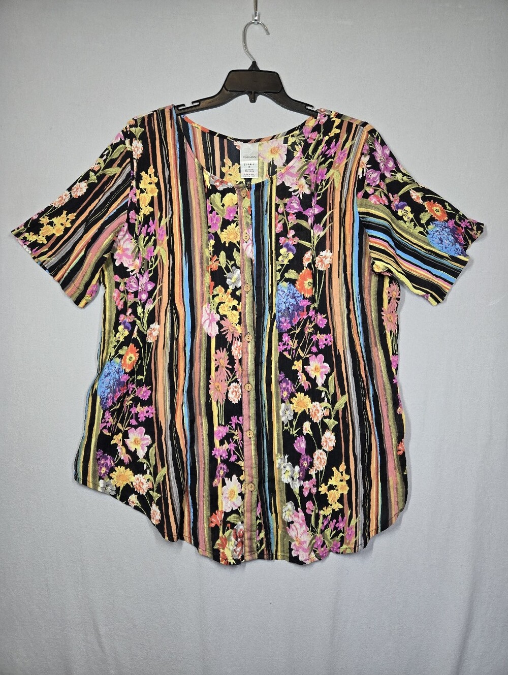 Roaman's Tunic Top Women's Size 1X Floral Stripe Print Cotton Crinkle Boho